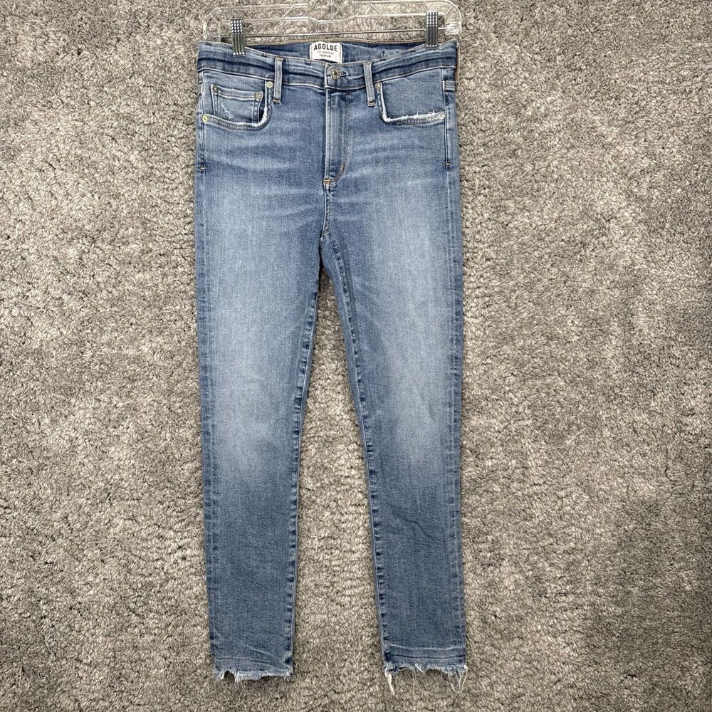 Agolde Jeans Skinny Raw Frayed Chewed Hem Stretch Size 27 Medium Wash Denim